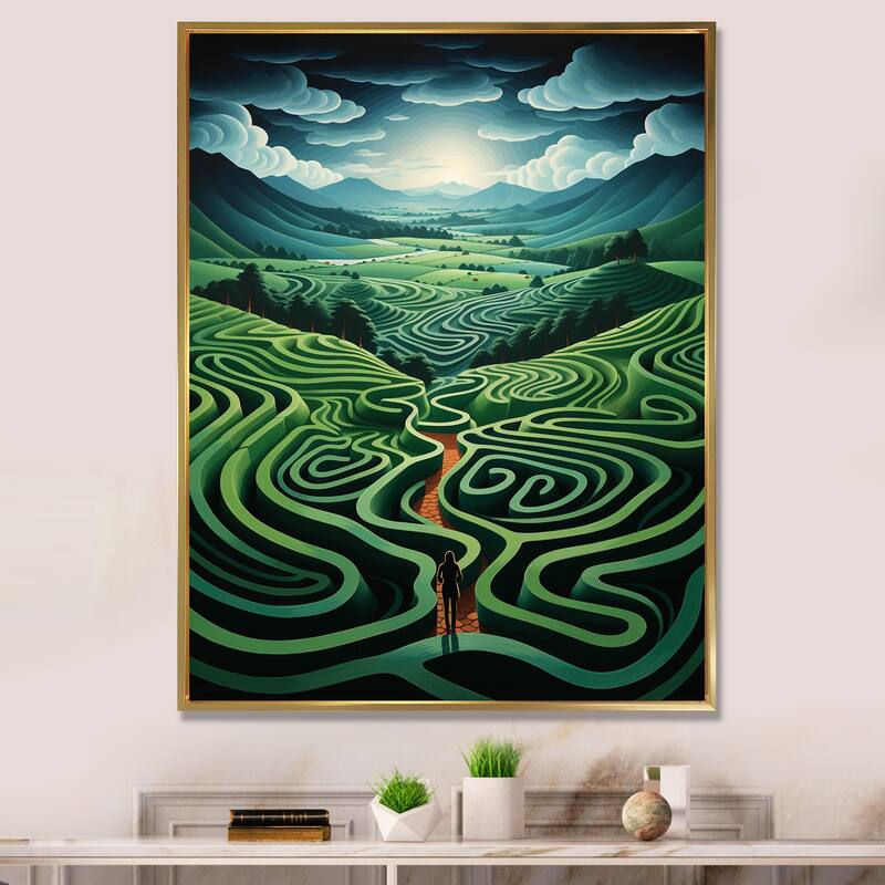 Designart "Emerald Maze Surreal Illusions" Surrealism Green Wall Decor - Modern Entryway Framed Wall Art Print - 12 in. wide x 20 in. high - Gold
