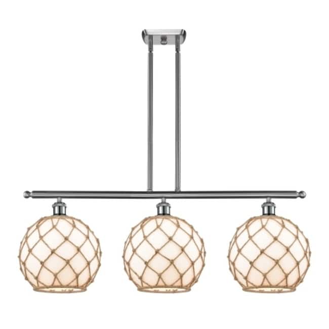 Innovations Lighting Large Farmhouse Rope 3 Light 36" Wide Linear - Brushed Satin Nickel / White Glass with Brown Rope