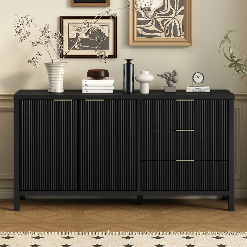 4-Door Wave-Pattern Buffet Cabinet with Wood Legs and Aluminum Handles, Kitchen Cabinet with Adjustable Shelves & 3 Drawers - Black