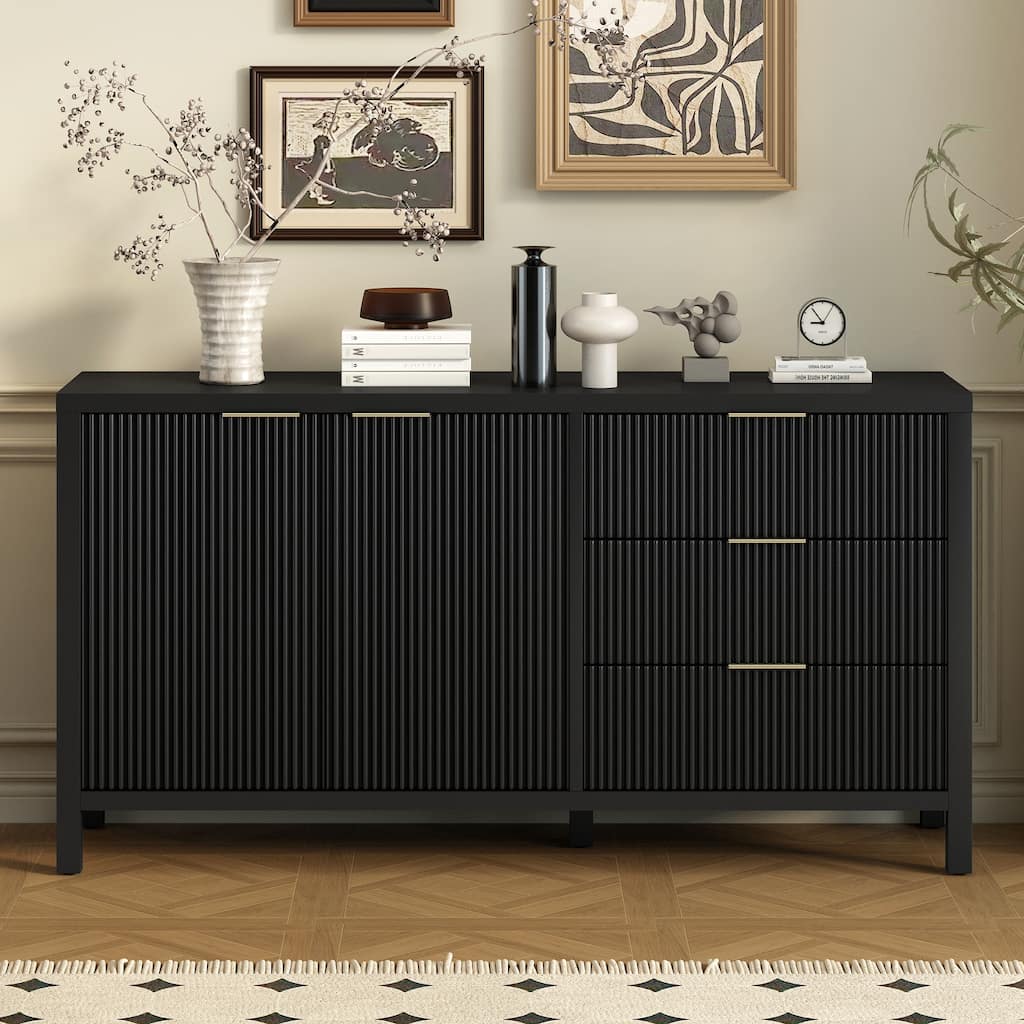 4-Door Wave-Pattern Buffet Cabinet with Wood Legs and Aluminum Handles, Kitchen Cabinet with Adjustable Shelves & 3 Drawers