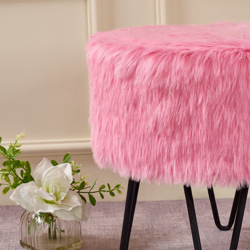 Pink Glitter Fauxfur Round Ottoman Soft Stylish Home Decoration