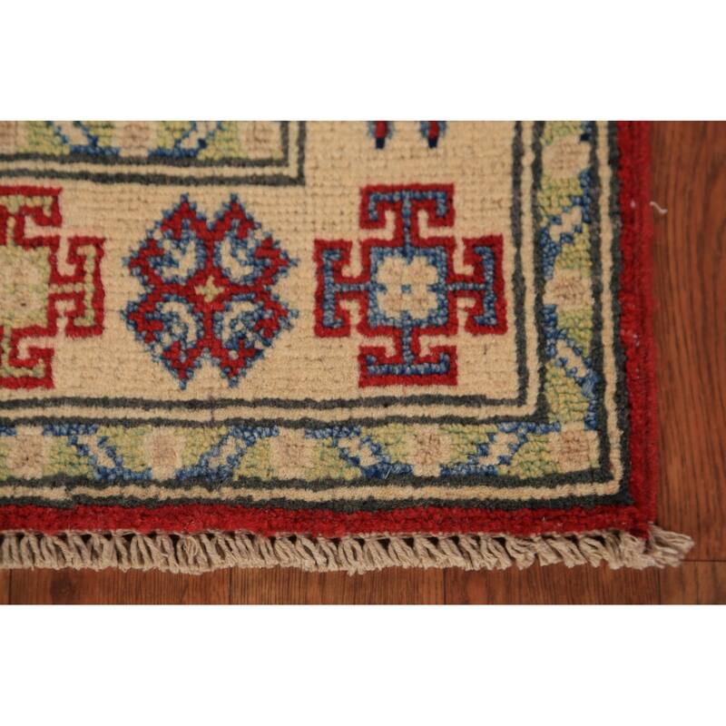 Red Geometric Kazak Foyer Rug Handmade Wool Carpet - 2'8" x 4'3"