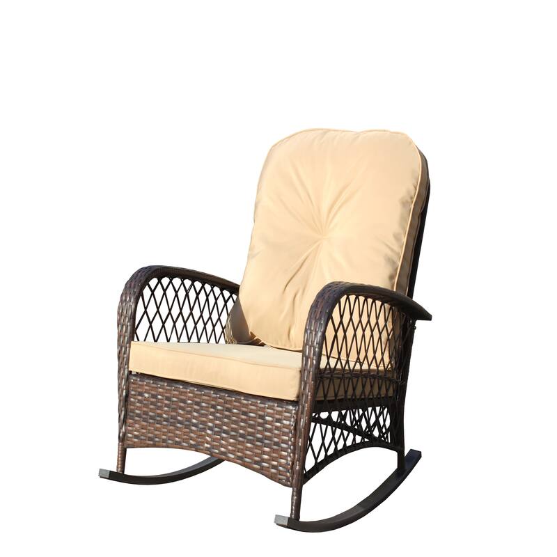 Outdoor Wicker Rocking Chair with Wide Seat, All- Weather Rattan Armchair for Poolside, Garden, Porch, Backyard