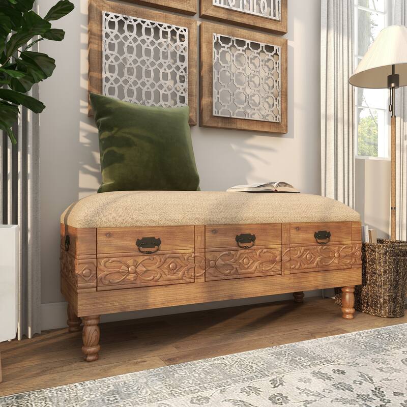 Brown Wood Intricately Carved Floral Storage Bench with Cream Burlap Top