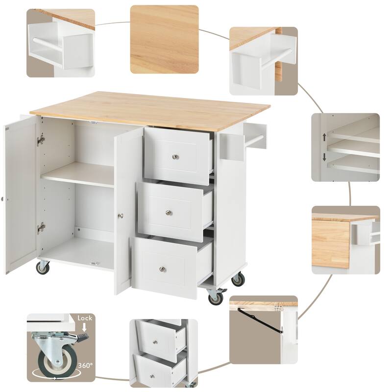 Solid Wood Top Drop Leaf Kitchen Island on Wheels, Rolling Kitchen Cart with Storage Cabinet, Drawers, Spice Rack and Towel Rack