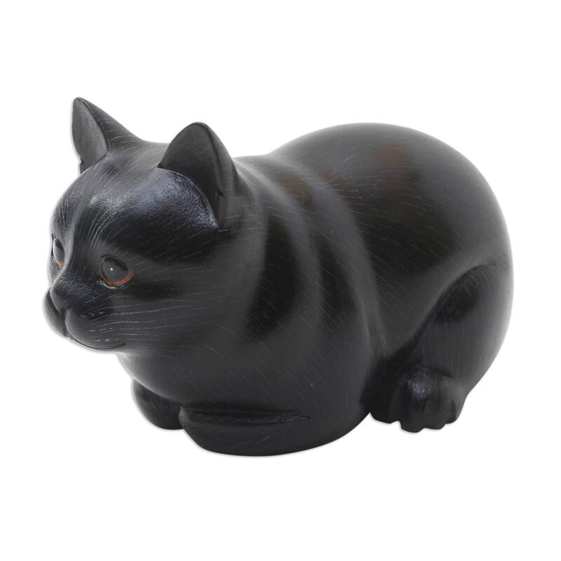 Novica Handmade Fat Cat In Black Wood Statuette