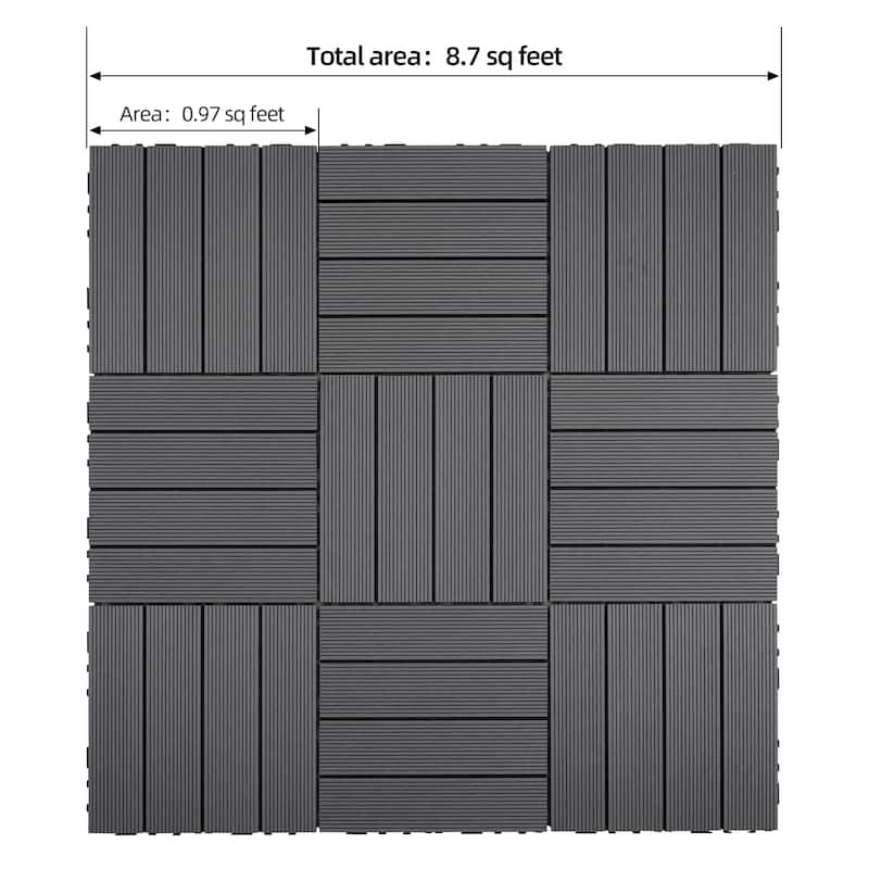 8.7 sq. ft DIY Wood-Plastic Composite Deck Tiles, Gray, Interlocking Outdoor Flooring Tiles Waterproof All Weather (pack of 9)
