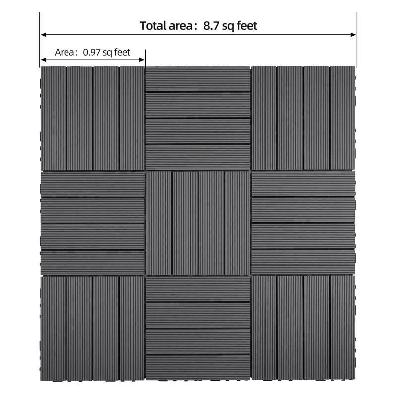9 PCS heavy-duty & recyclable Wood-Plastic Interlocking Deck Tiles 11.8" x 11.8"- Waterproof Outdoor and Indoor Flooring