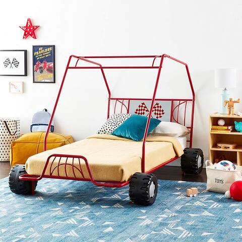 Modern Fascinating Design Twin Bed in Red Go Kart with Metal Construction and Metal Tube Supporting Slat Suitable for Bedroom