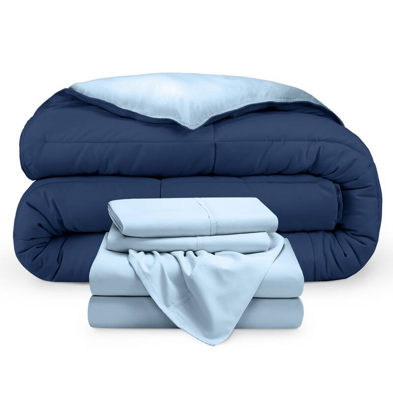 Bare Home Down Alternative Reversible Bed-in-a-Bag - Dark Blue/Light Blue, Sheets: Light Blue - Queen
