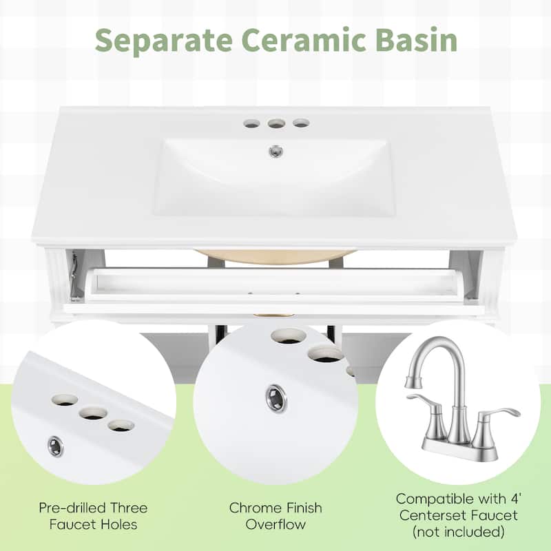 GDF Studio - Sunny Modern Solid Wood + MDF 36-Inch Bathroom Vanity with Ceramic Sink and Flip-Out Drawer