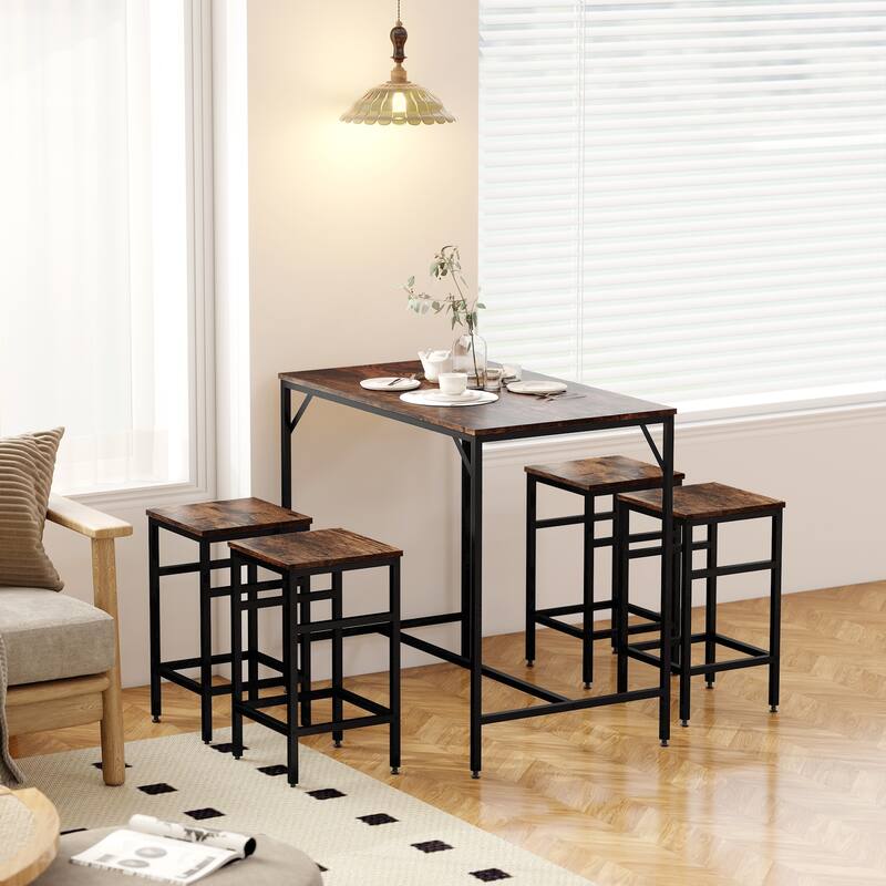 HOMCOM 5-Piece Modern Industrial Dining Room Table Furniture Set with 4 Chairs & Steel Legs for Dining Room, Black/Brown