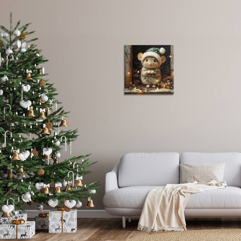 Stupell Barn Mouse with Christmas Lights Canvas Wall Art Design By Riley B