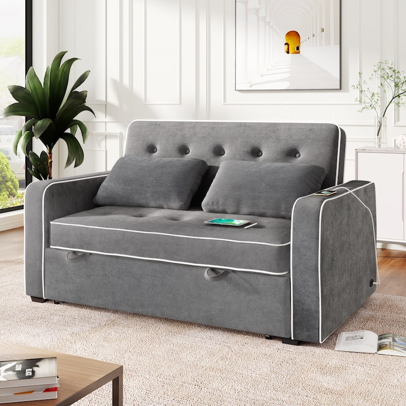 Pull Out Sleeper Bed, Sofa Bed Couch with USB Charging Port, Lounge Loveseat Sofa Daybed with Adjustable Backrest