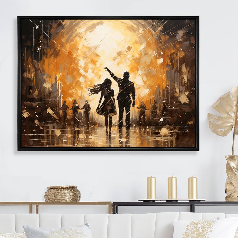 Designart "Disco Dazzle Dancer Complicity" Dance Framed Canvas Prints - 20 in. wide x 12 in. high - Black