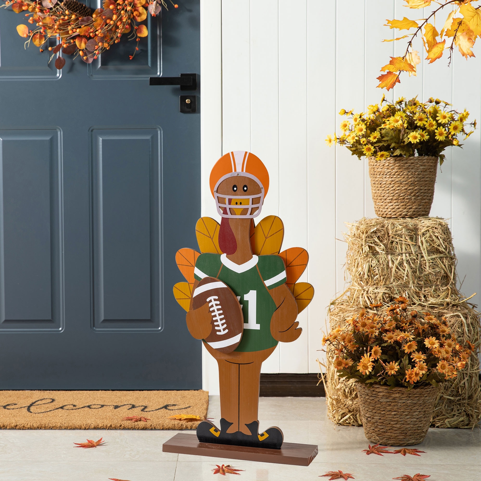 Glitzhome 29.5"H Thanksgiving Wooden Football Turkey Porch Decor