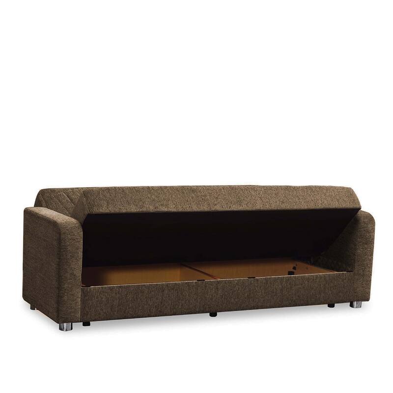 HomeRoots 87" Beige Chenille Convertible Futon Sleeper Sofa And Toss Pillows With Storage
