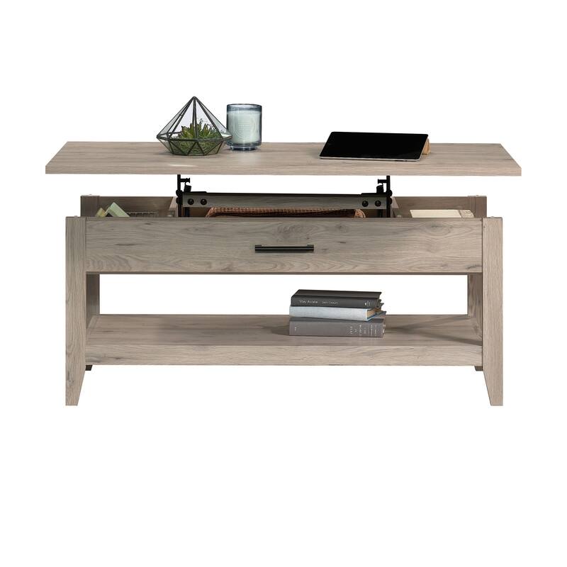 Wood Lift-Top Coffee Table with Hidden Storage and Open Shelf, Brown - 43.31" L x 19.29" W x 18.98" H