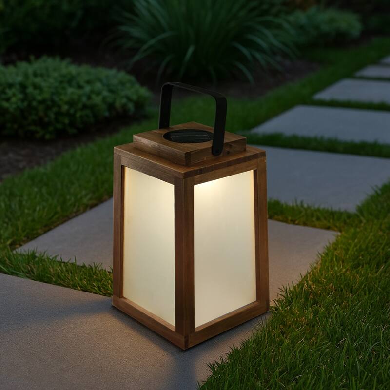 H11" Farmhouse LED Solar Lantern with Wood Farm and Frosted Glass Panl Ourdoor Garden Decorative Hanging Lanterns - W7''