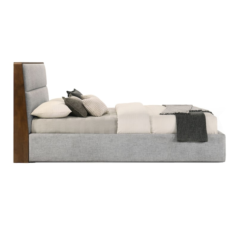 Aki Queen Size Platform Bed, Cushioned Upholstery, Gray Polyester, Walnut