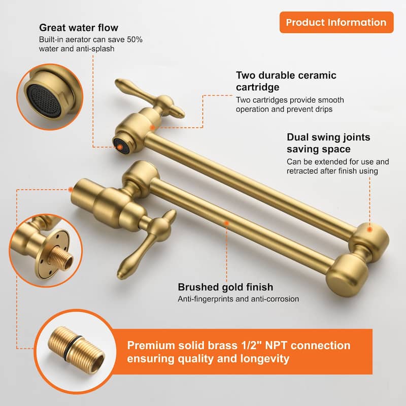 Pot Filler Faucet Commercial Wall Mount Kitchen Sink Faucet Modern Folding Stretchable Double Joint With Single Hole Two Handles