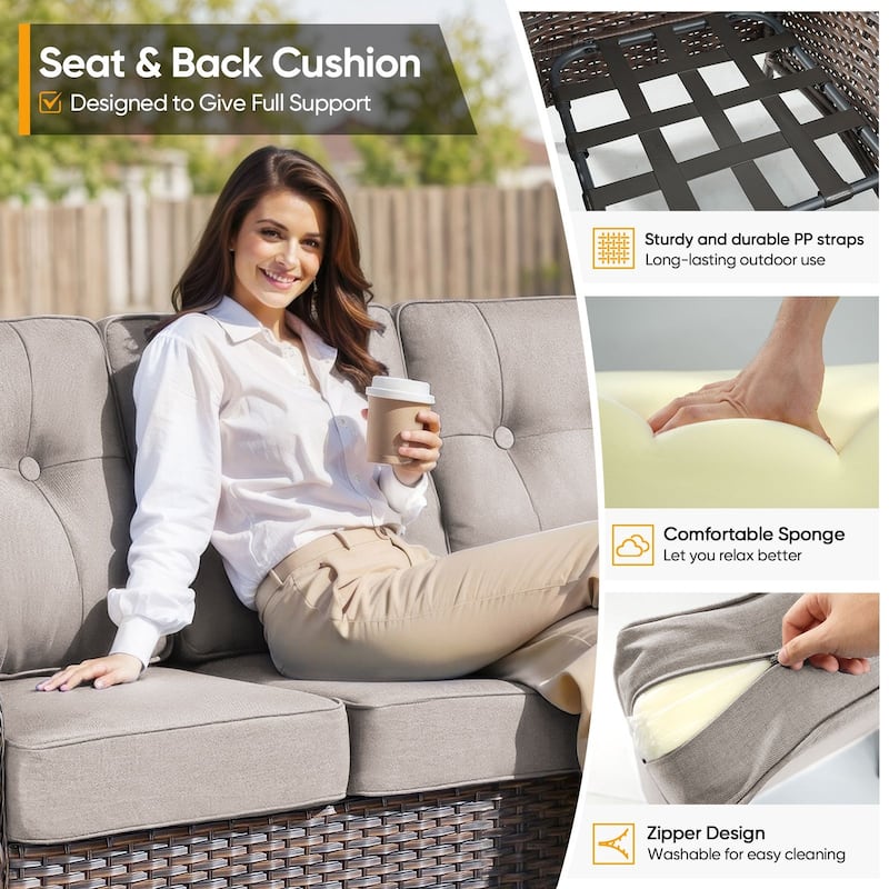 Pocassy Ooutdoor Fire Pit Table with Sofa Chair Ottoman Set