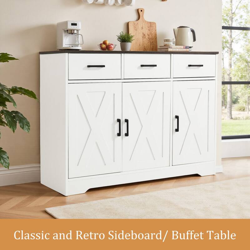 Barn Door Buffets Storage Cabinet Sideboards with 3 Drawers
