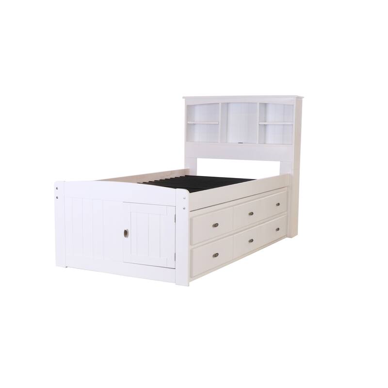 Twin Bookcase Bed with Drawers - Solid Pine Bed - Underbed Storage - Casual White Finish