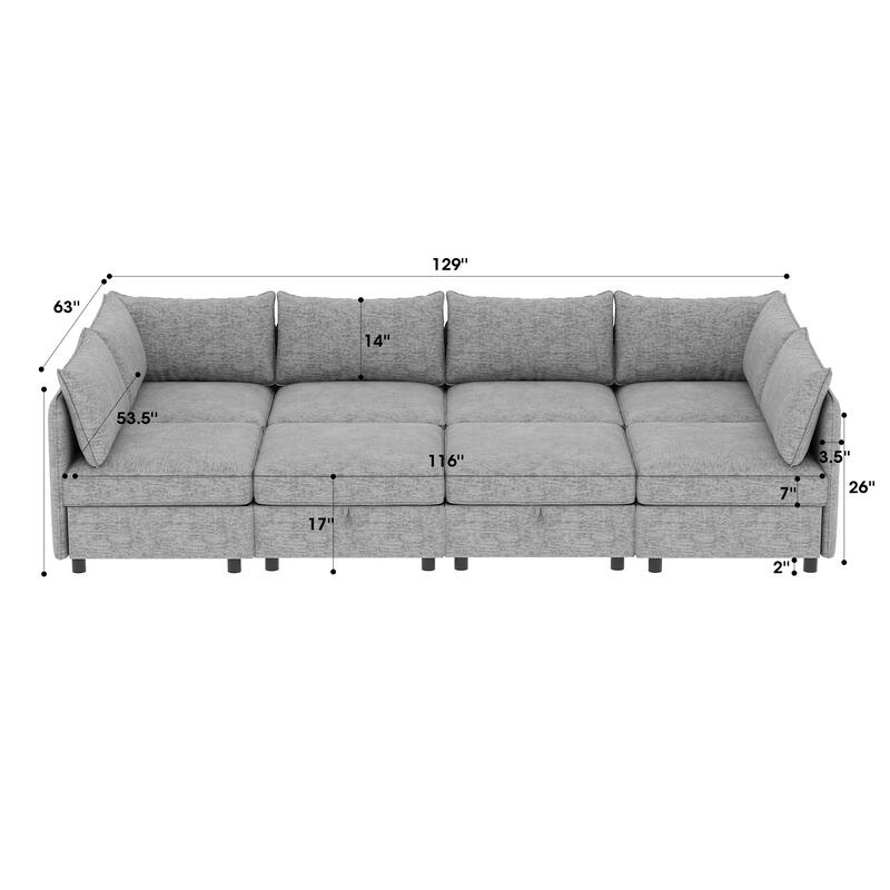129" Chenille Modular Sectional Sofa with Storage