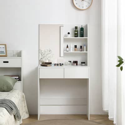 Vanity Desk with Mirror, Dressing Table with 2 Drawers, White Color