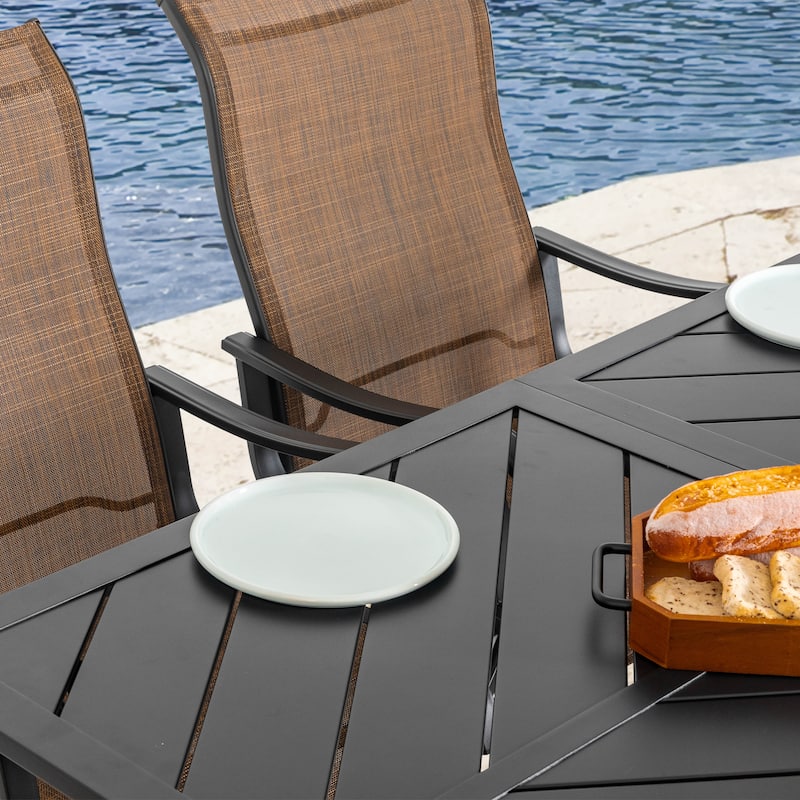 7-Piece Patio Iron Dining Set with Textilene Swivel Chairs, Brown and Black