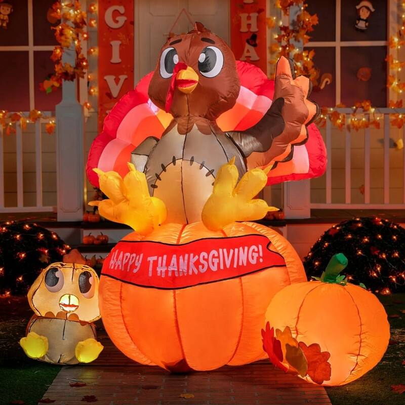 6 ft. Tall Brown, Yellow & Red Plastic Turkey on Pumpkin Inflatable