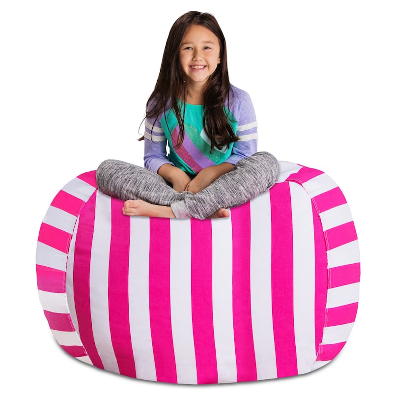 Kids' Stuffed Animal Storage Bean Bag Chair Cover or Toy Organizer - 48 Inches Extra Large - Canvas Stripes Pink and White