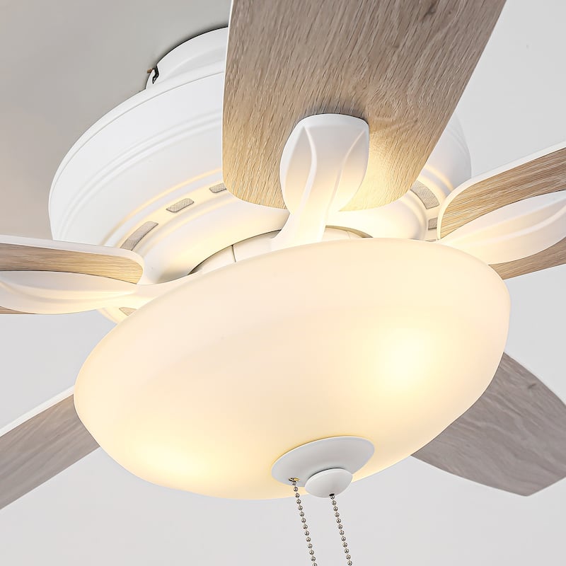 52" Coastal White Frosted Glass Ceiling Fan with Light and Pull Chain - Satin white