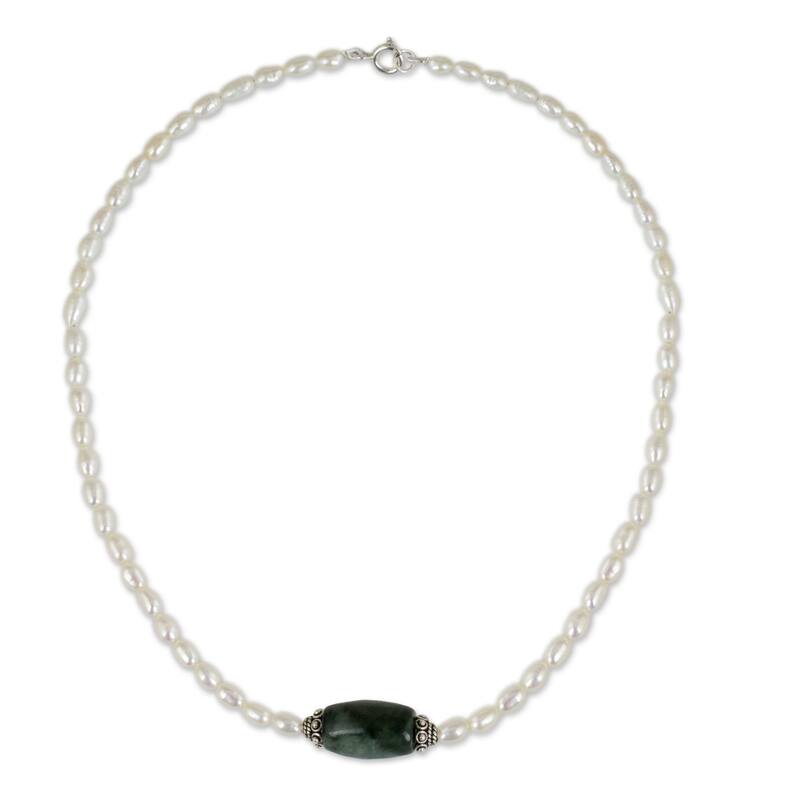 Purity and Love Pearl and Jade Necklace - Natural White - White - 16.5 Inch - Green