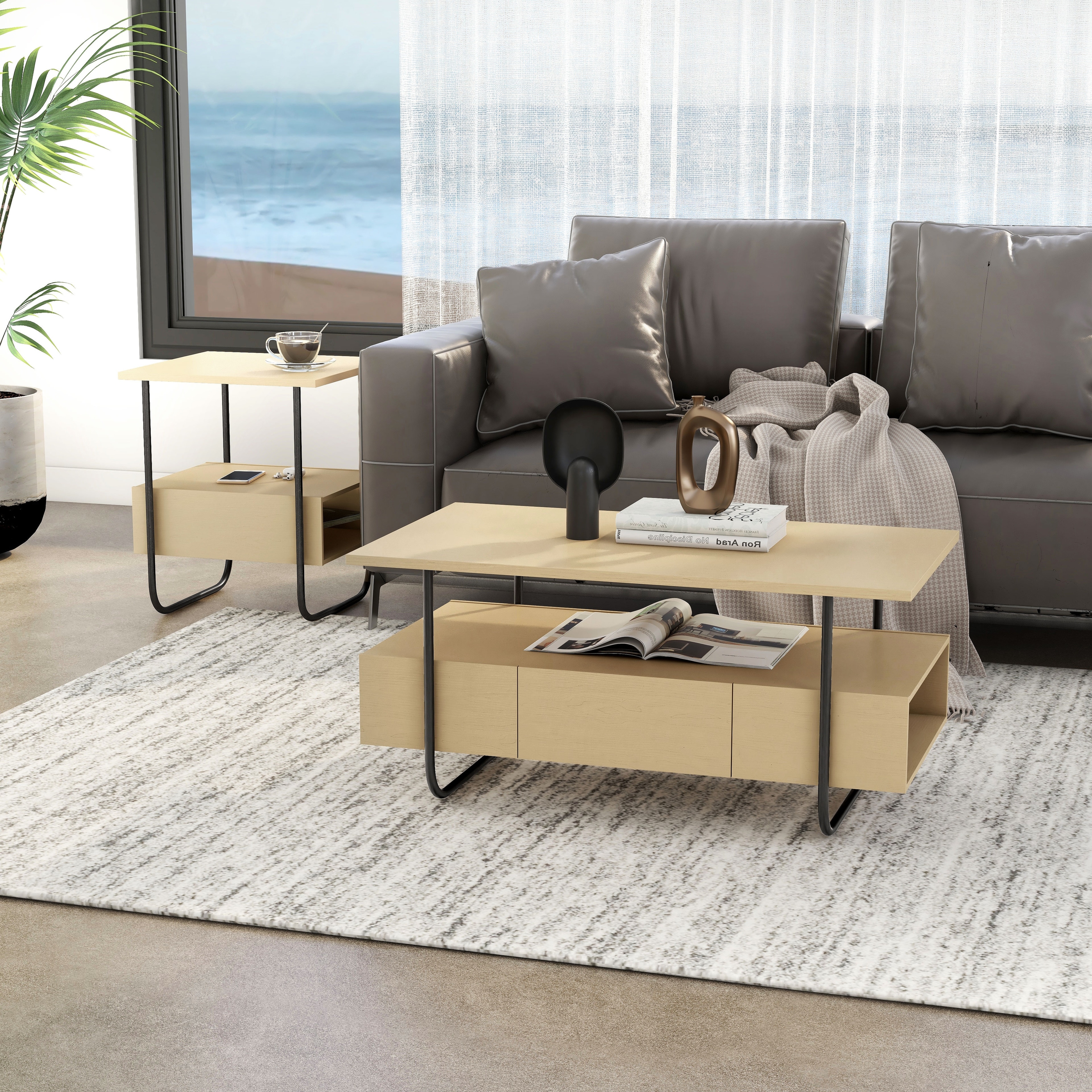 247 Shop At Home 2-Piece Modern Light Maple Coffee Table and End Table Set with Cubby Shelves