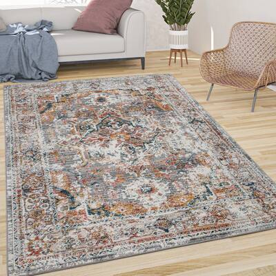 Vintage Rug Oriental Design with Ornaments and Border in Cream Yellow