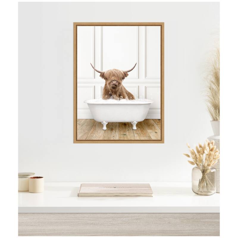 Kate and Laurel Sylvie Highland Cow in Traditional Vintage Bathtub Framed Canvas by Amy Peterson