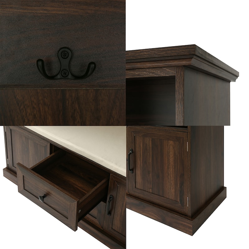 47"W Hall Tree with 3 Metal Double Hooks,3 Open Shelves,Shoe Storage - 3-in-1