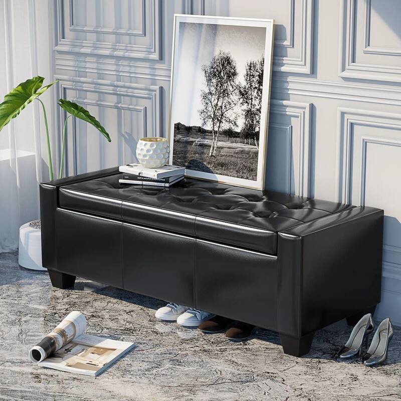 50.5" Faux Leather Rectangular Tufted Storage Ottoman