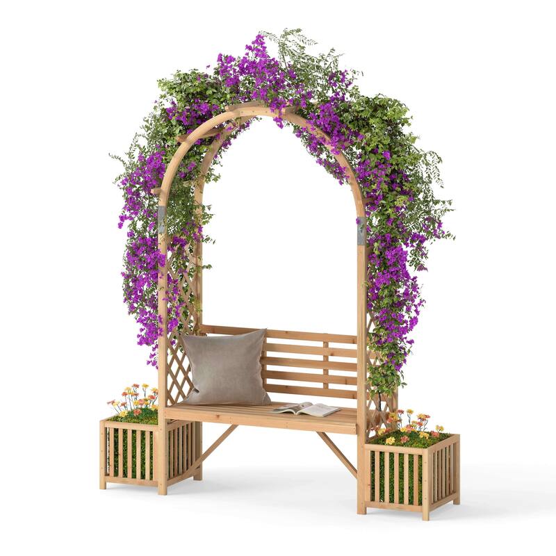 Costway Garden Bench Arbor Arch with Love Seat 2 Trellises & Planting - Wood - See Details