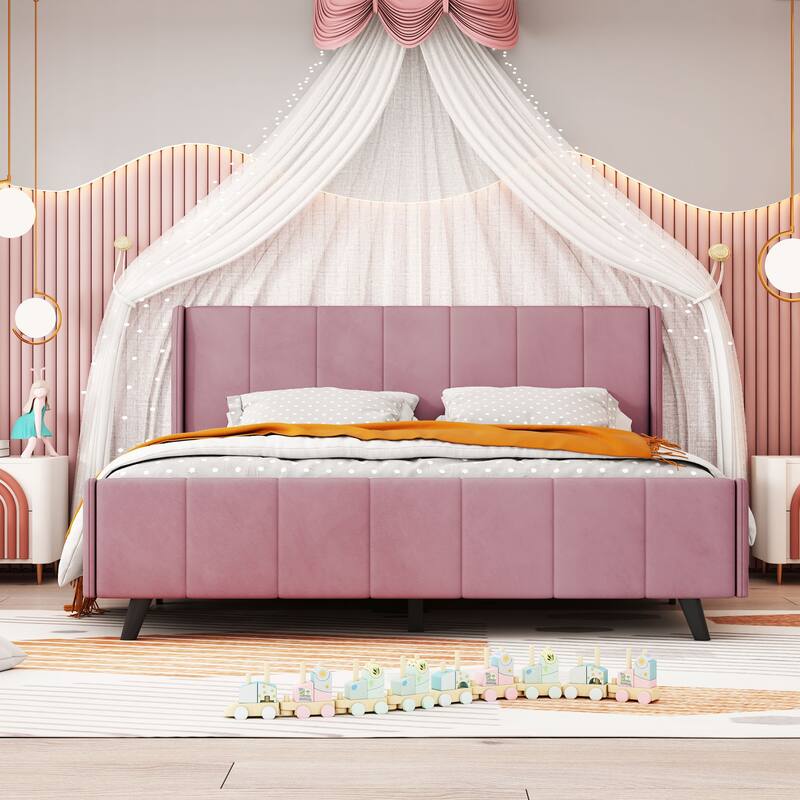 Twin/Full/Queen Size Velvet Upholstered Platform Bed Frame with Headboard and Wooden Slats Support, No Box Spring Needed