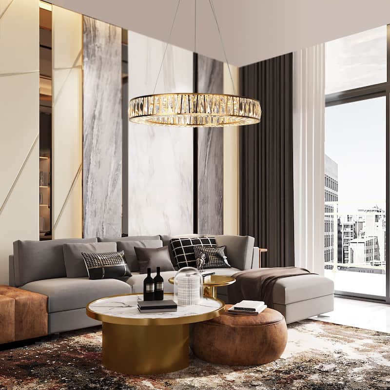 Modern 1-Light LED Crystal Ring Chandelier for Dining Living Room - D 25.6" x H 65.3" Max