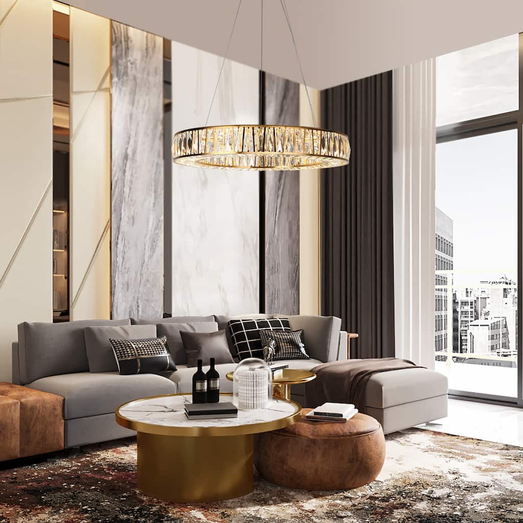Modern 1-Light LED Crystal Ring Chandelier for Dining Living Room - D 25.6" x H 65.3" Max