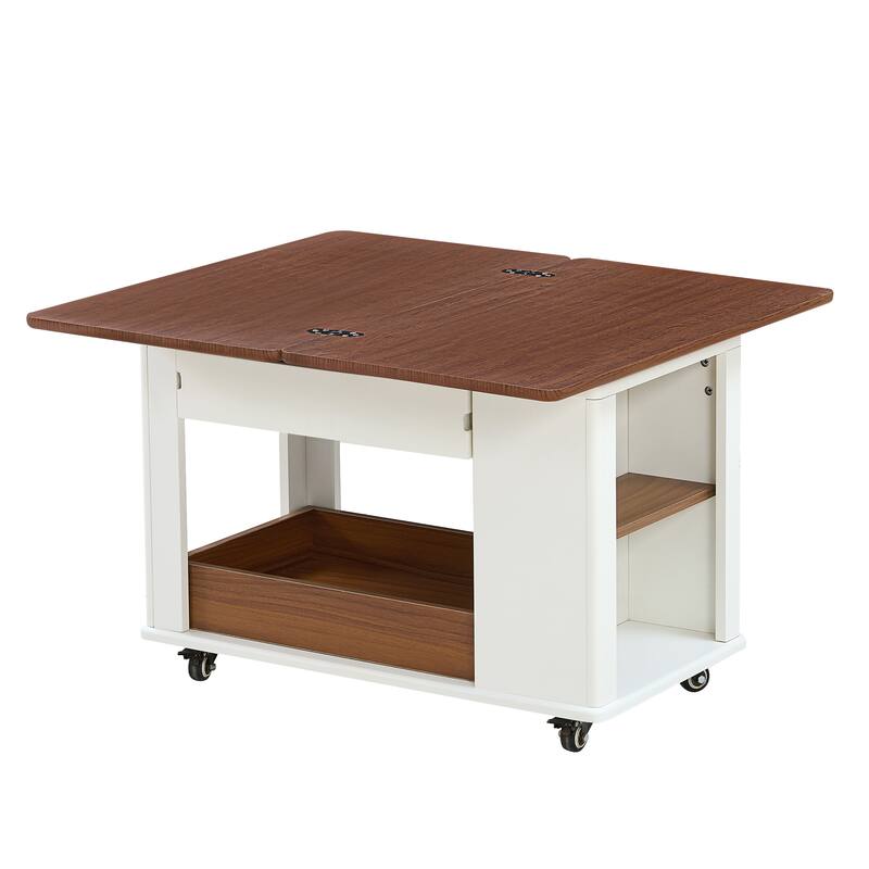 Anmytek 27.6 Inch Modern Foldable Coffee Table with Casters Multi Tier Storage Side Table