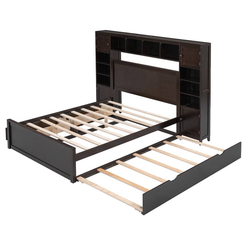 Full Size Platform Bed with Pull-out Trundle Bed, 2 Drawers & Sockets, Wooden Bed Frame w/ All-in-One Cabinet & Shelf, Espresso