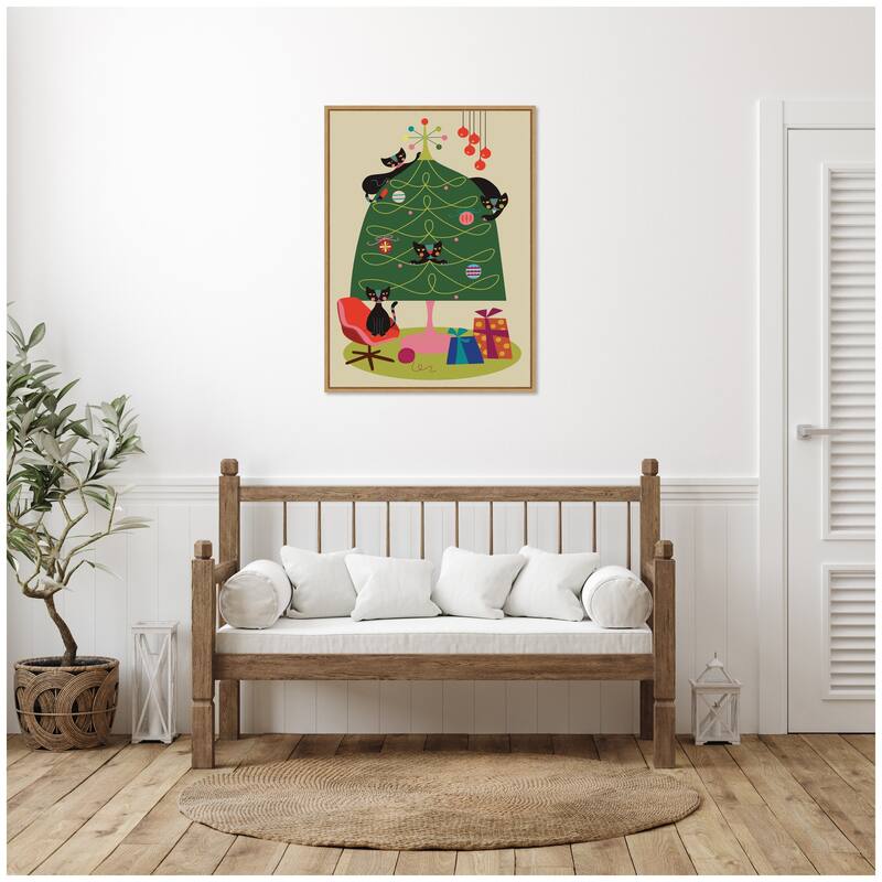 Kate and Laurel Sylvie Framed Canvas Retro Cats And Christmas Tree by Rachel Lee