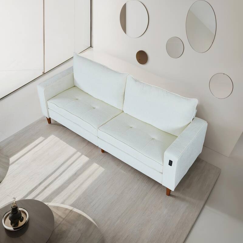 White Modern Loveseat Sofa with Button Tufted Back Premium Upholstery and Built-In USB Port