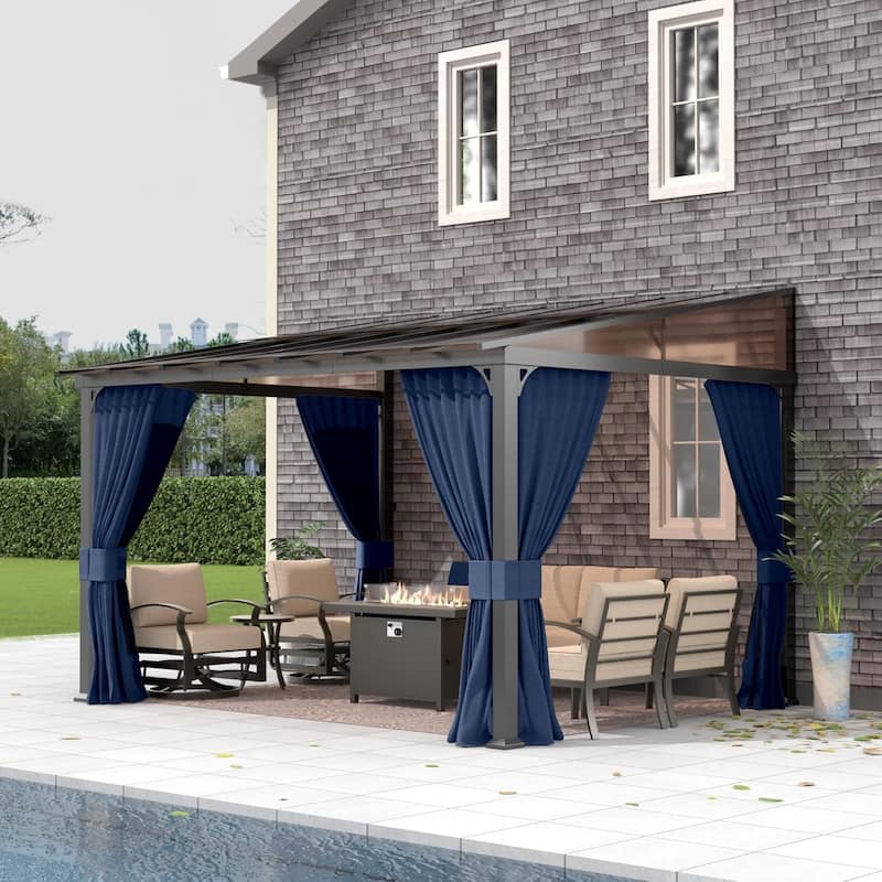Wall Mounted Gazebo, Hardtop Permanent Outdoor Shade Canopy with Curtains for Deck, Backyard, Patio - 10 x 12 - Navy