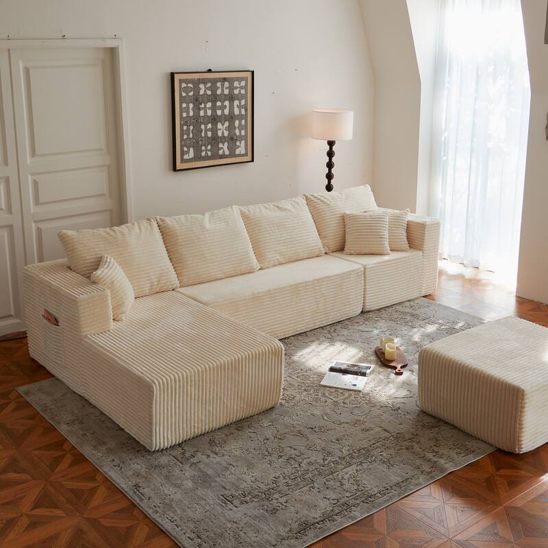 Corduroy Modular Sectional Sofa with Ottoman, U Shaped Upholstered Couch